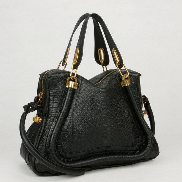 Chloe Paraty Juboo Shoulder Bags Snake Veins Leather Black 29885