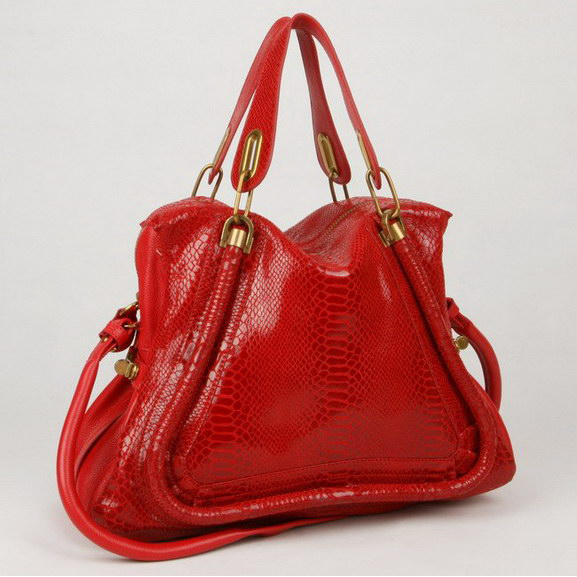 Chloe Paraty Juboo Shoulder Bags Snake Veins Leather Red 29885