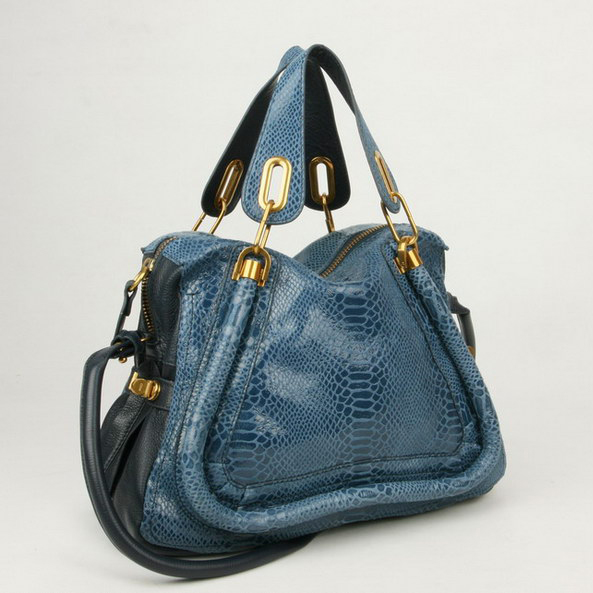 Chloe Paraty Shoulder Bags Snake Veins Leather Blue 29883