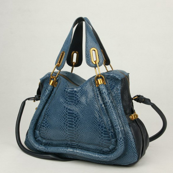 Chloe Paraty Shoulder Bags Snake Veins Leather Blue 29883