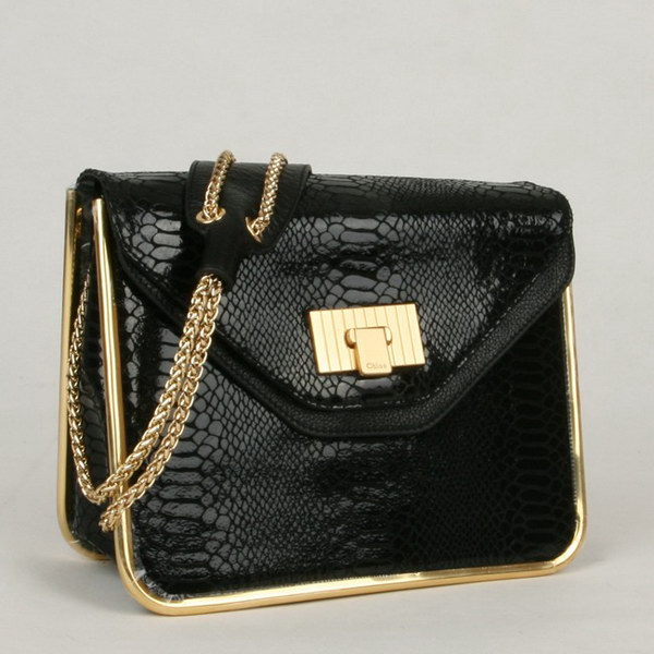 Chloe Sally Shoulder Bags Snake Veins Leather Black 508914