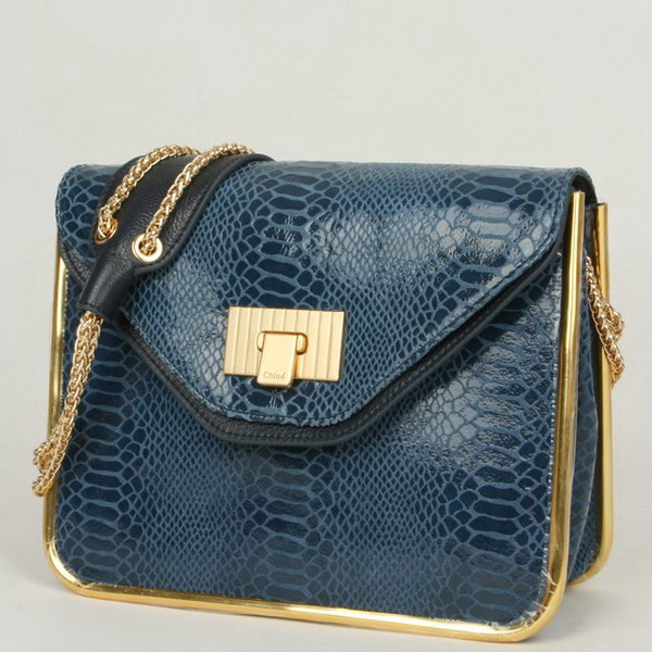 Chloe Sally Shoulder Bags Snake Veins Leather Blue 508914