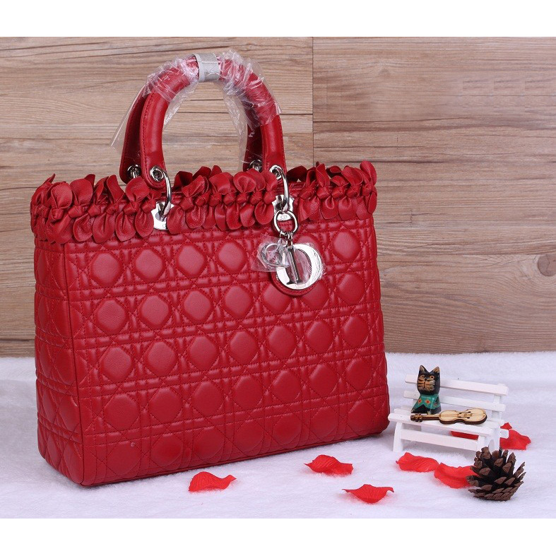 Christian Lady Dior Bag Medium Bag Sheepskin Leather D1667 Red