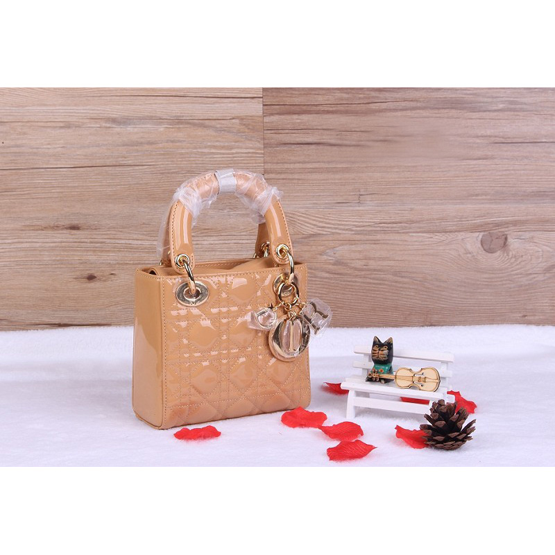 Christian Lady Dior Bag Patent Leather D1633 Apricot with Gold