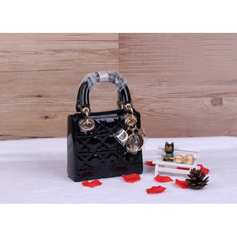 Christian Lady Dior Bag Patent Leather D1633 Black with Gold