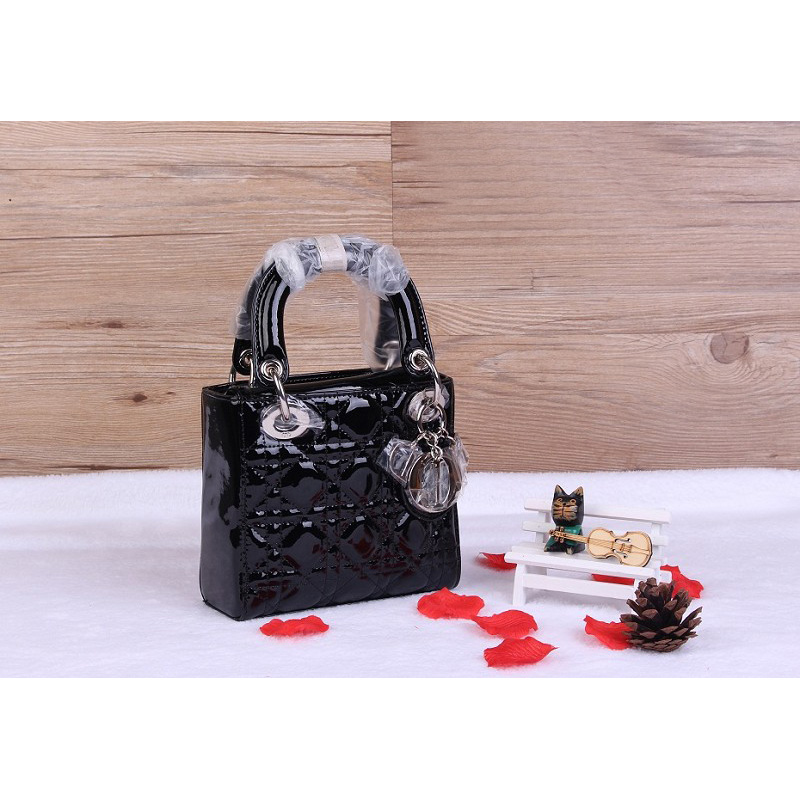 Christian Lady Dior Bag Patent Leather D1633 Black with Silver