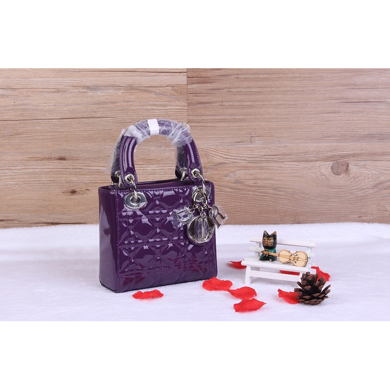 Christian Lady Dior Bag Patent Leather D1633 DarkPurple with Silver