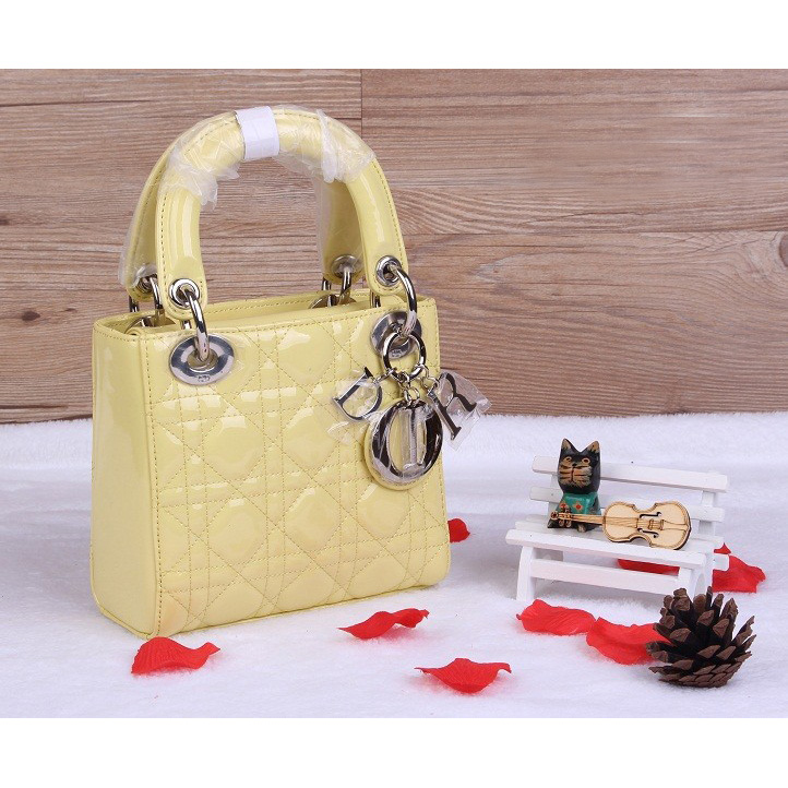 Christian Lady Dior Bag Patent Leather D1633 Lemon with Silver