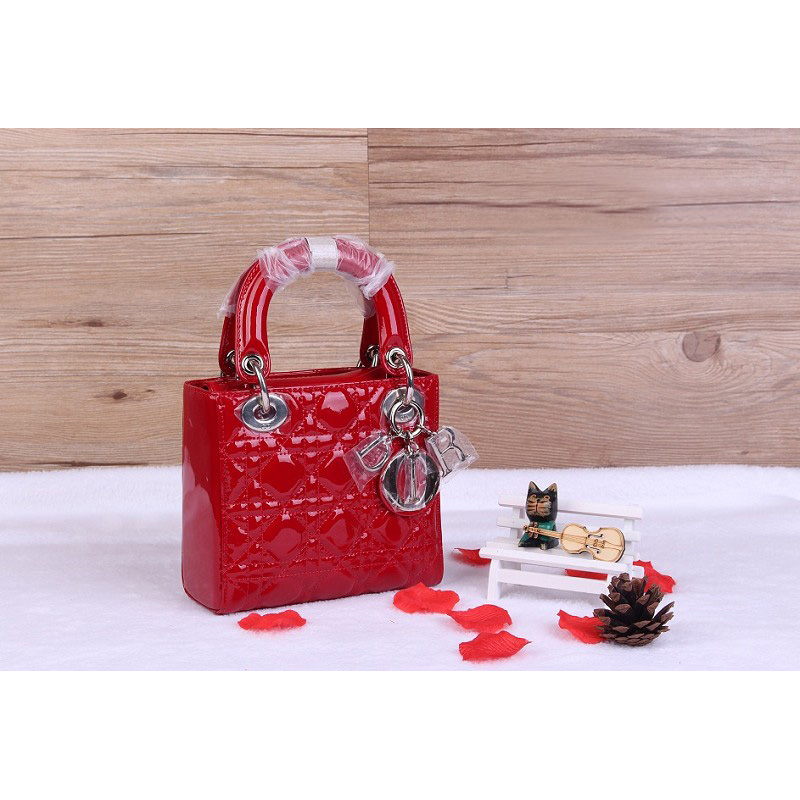 Christian Lady Dior Bag Patent Leather D1633 Red with Silver