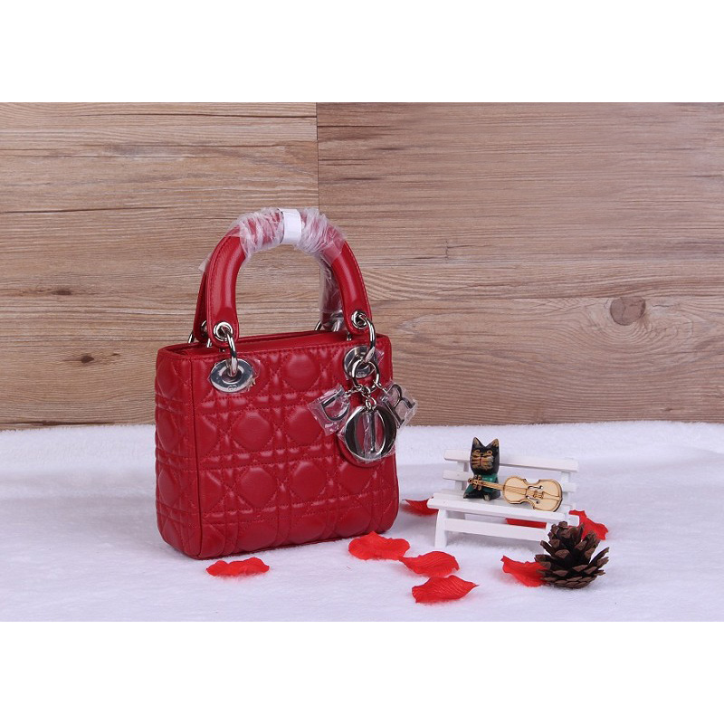 Christian Lady Dior Bag Sheepskin Leather D1633 Red with Silver