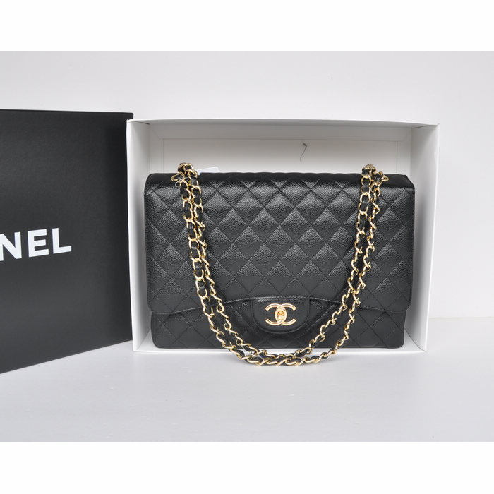 Classic Chanel Maxi Double Flaps Bag A36098 Black Original Caviar Leather Gold