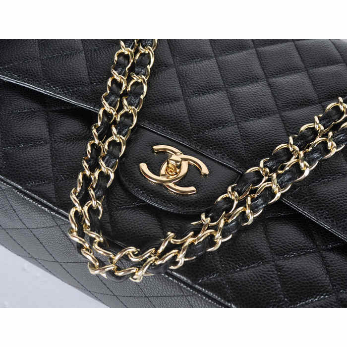 Classic Chanel Maxi Double Flaps Bag A36098 Black Original Caviar Leather Gold