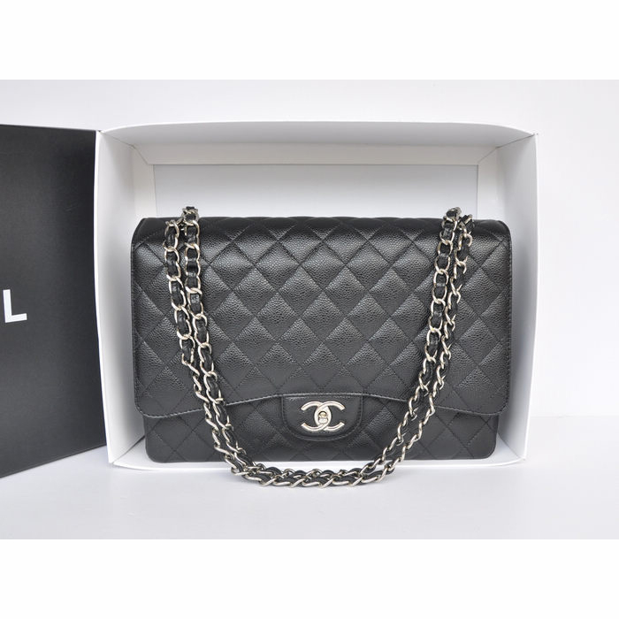 Classic Chanel Maxi Double Flaps Bag A36098 Black Original Caviar Leather Silver