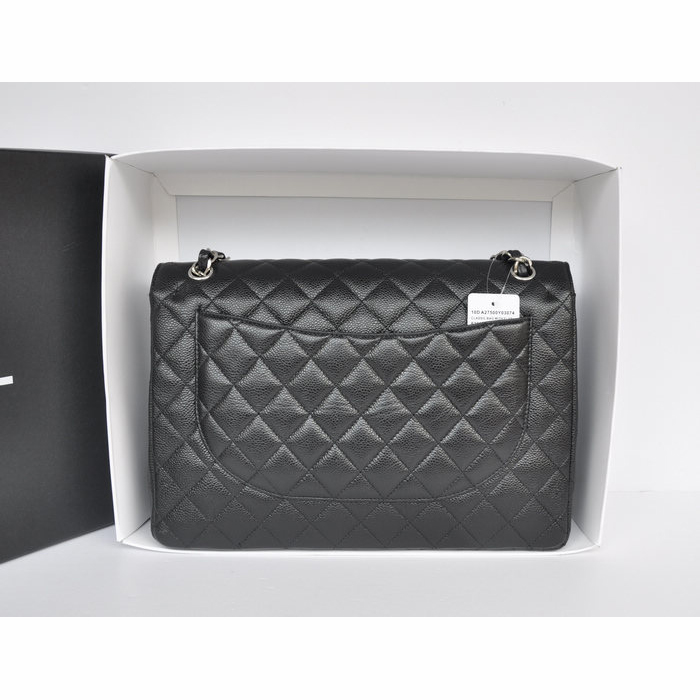 Classic Chanel Maxi Double Flaps Bag A36098 Black Original Caviar Leather Silver