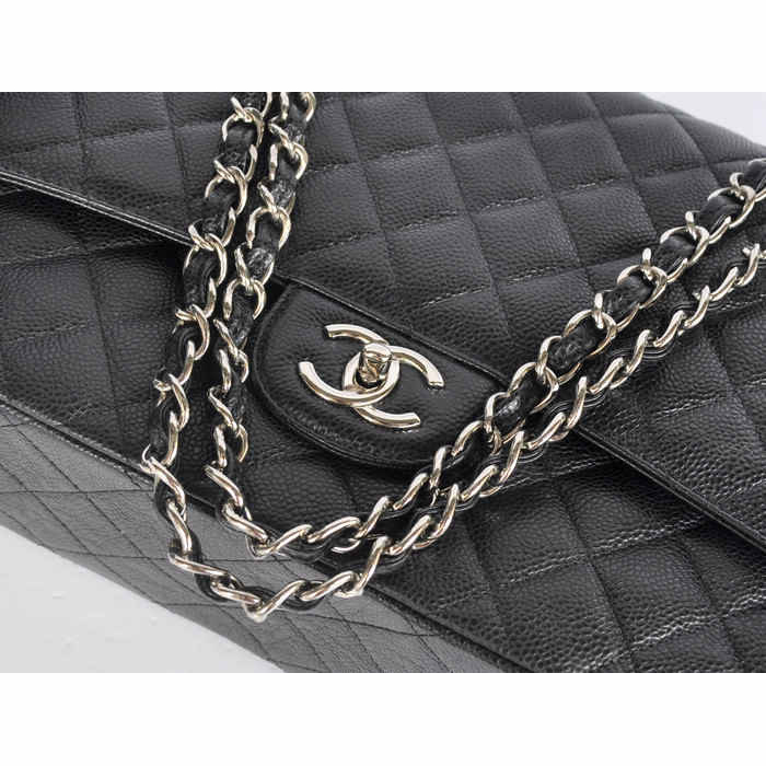 Classic Chanel Maxi Double Flaps Bag A36098 Black Original Caviar Leather Silver