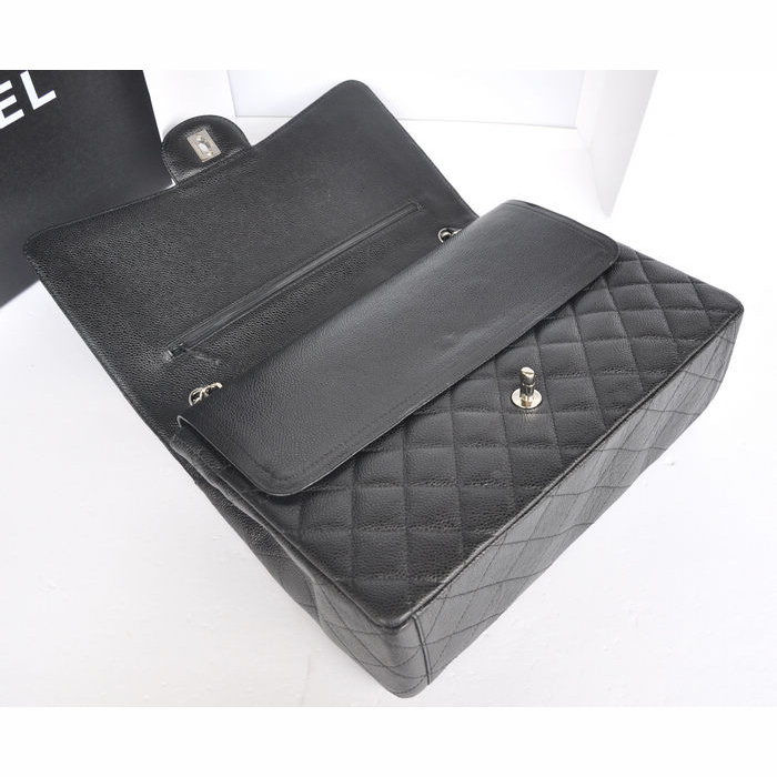 Classic Chanel Maxi Double Flaps Bag A36098 Black Original Caviar Leather Silver