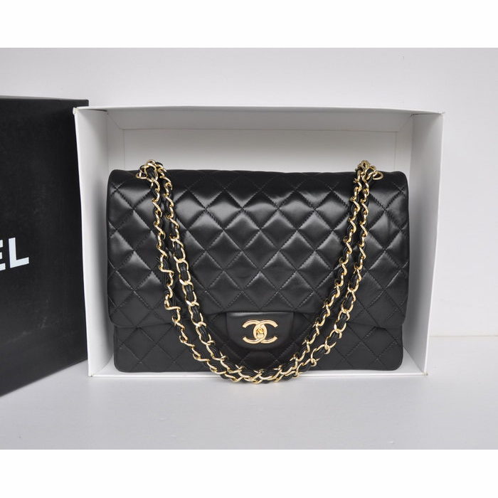 Classic Chanel Maxi Double Flaps Bag A36098 Black Original Lambskin Leather Gold