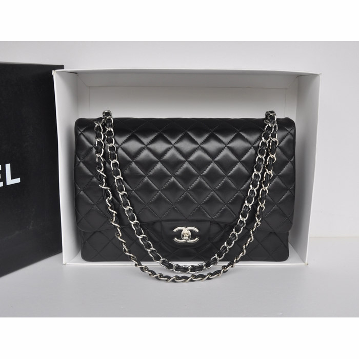 Classic Chanel Maxi Double Flaps Bag A36098 Black Original Lambskin Leather Silver