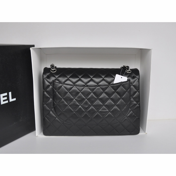 Classic Chanel Maxi Double Flaps Bag A36098 Black Original Lambskin Leather Silver