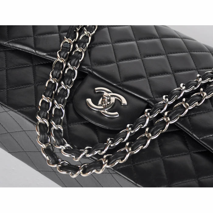 Classic Chanel Maxi Double Flaps Bag A36098 Black Original Lambskin Leather Silver