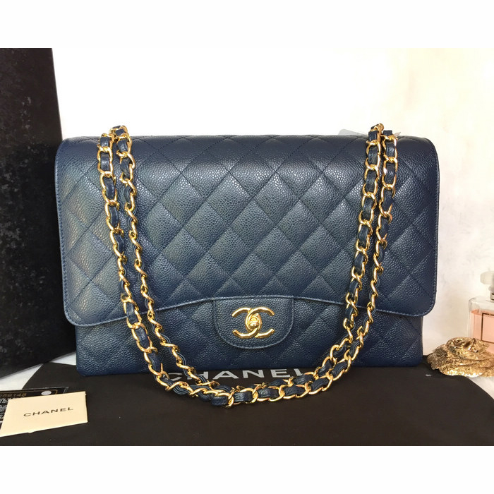 Classic Chanel Maxi Double Flaps Bag A36098 Blue Original Caviar Leather Gold