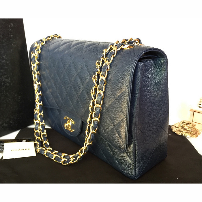 Classic Chanel Maxi Double Flaps Bag A36098 Blue Original Caviar Leather Gold