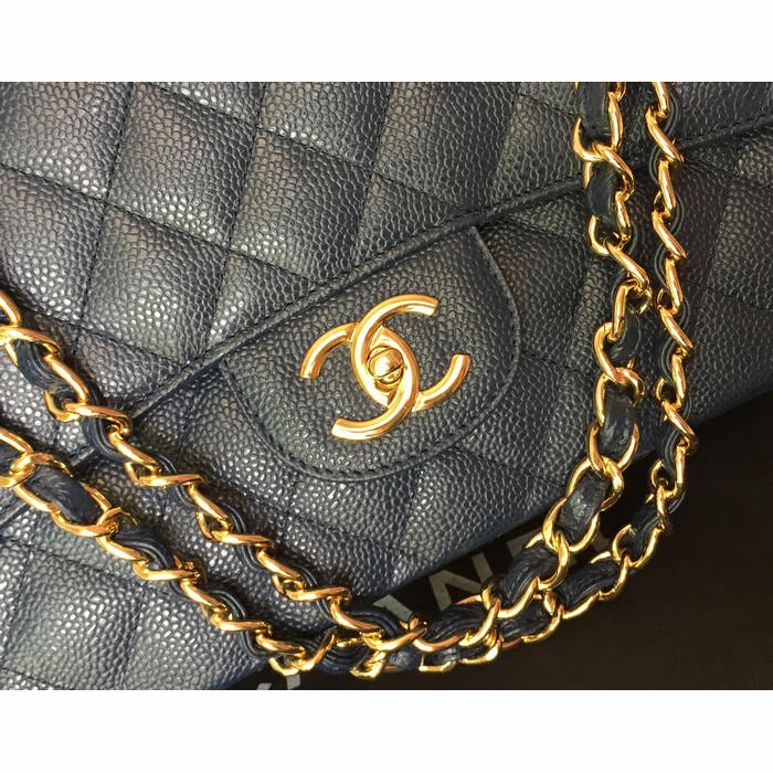 Classic Chanel Maxi Double Flaps Bag A36098 Blue Original Caviar Leather Gold