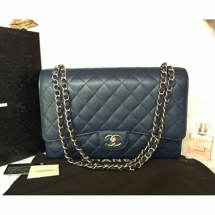 Classic Chanel Maxi Double Flaps Bag A36098 Blue Original Caviar Leather Silver