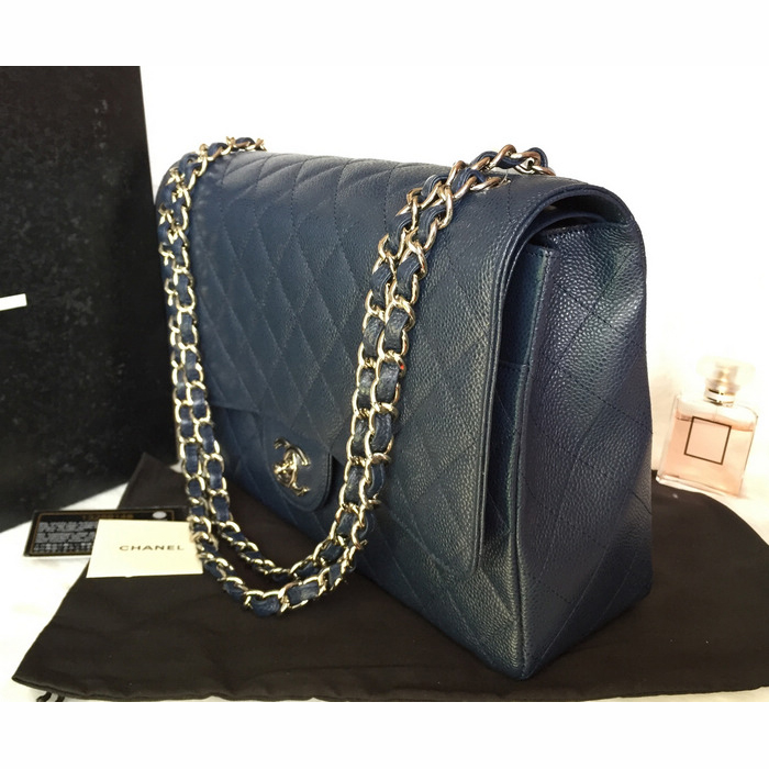 Classic Chanel Maxi Double Flaps Bag A36098 Blue Original Caviar Leather Silver