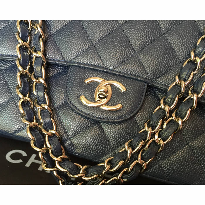 Classic Chanel Maxi Double Flaps Bag A36098 Blue Original Caviar Leather Silver