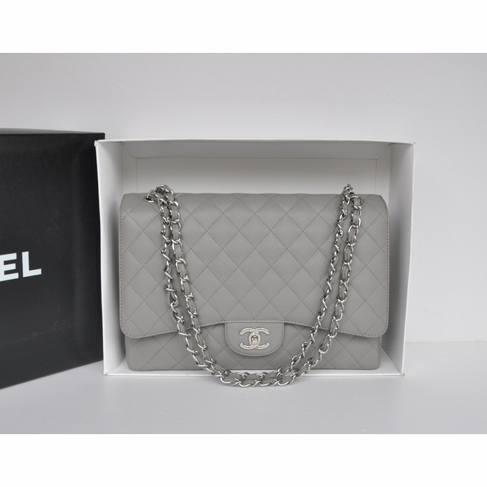 Classic Chanel Maxi Double Flaps Bag A36098 Grey Original Caviar Leather Silver