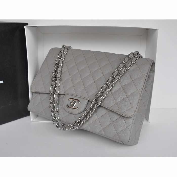 Classic Chanel Maxi Double Flaps Bag A36098 Grey Original Caviar Leather Silver