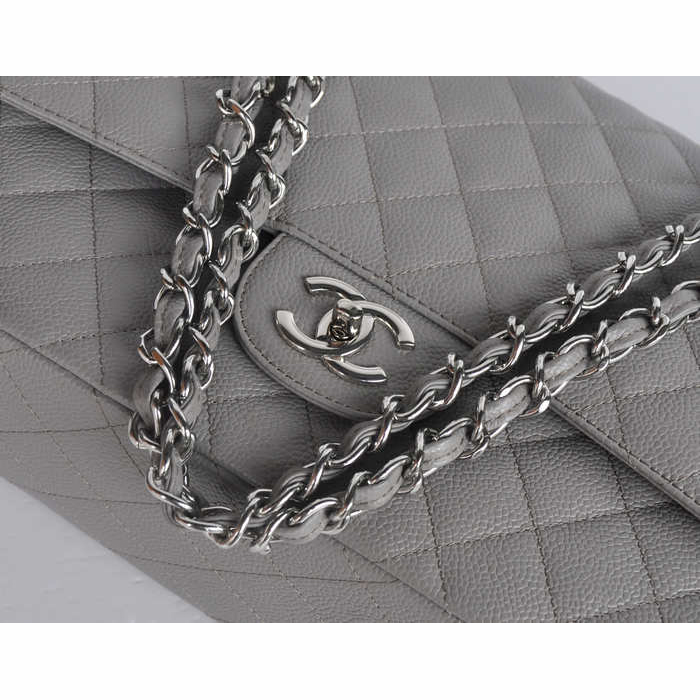 Classic Chanel Maxi Double Flaps Bag A36098 Grey Original Caviar Leather Silver