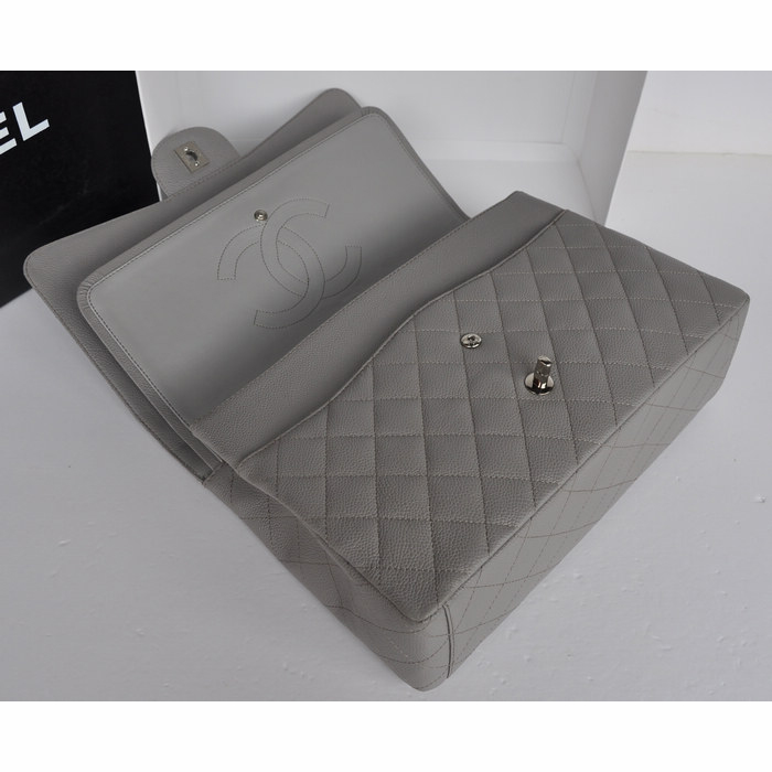 Classic Chanel Maxi Double Flaps Bag A36098 Grey Original Caviar Leather Silver