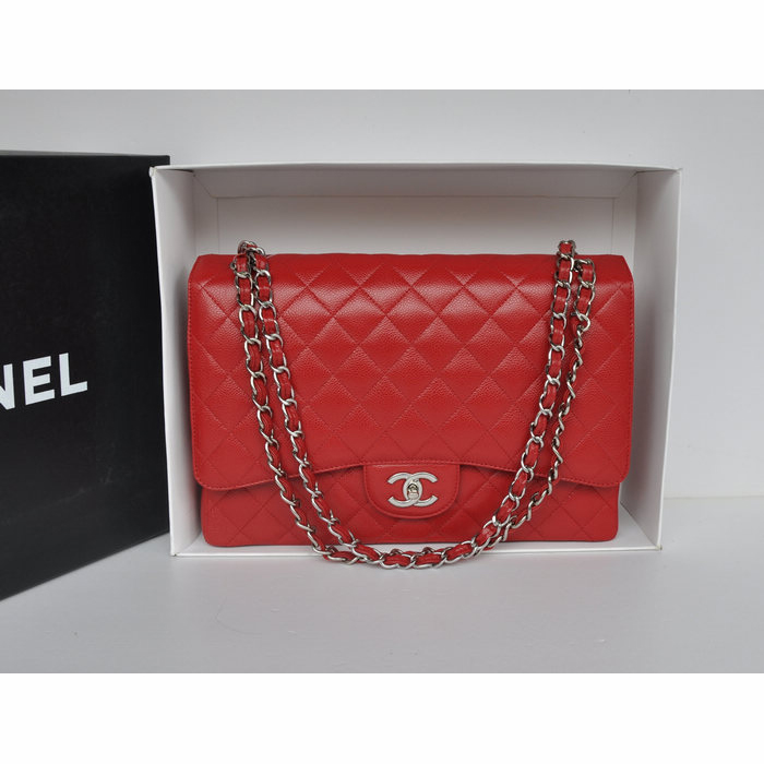 Classic Chanel Maxi Double Flaps Bag A36098 Red Original Caviar Leather Silver