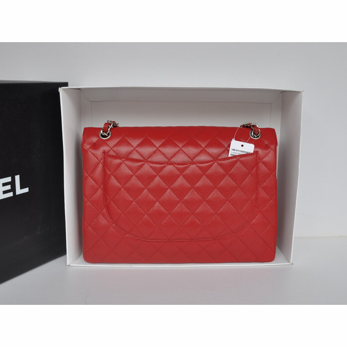 Classic Chanel Maxi Double Flaps Bag A36098 Red Original Caviar Leather Silver