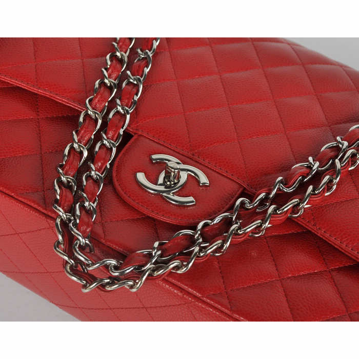 Classic Chanel Maxi Double Flaps Bag A36098 Red Original Caviar Leather Silver