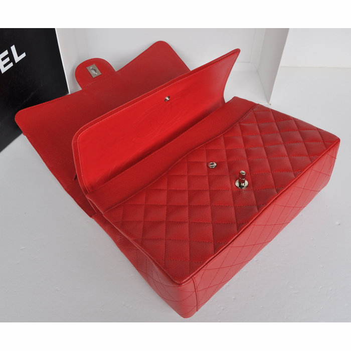 Classic Chanel Maxi Double Flaps Bag A36098 Red Original Caviar Leather Silver