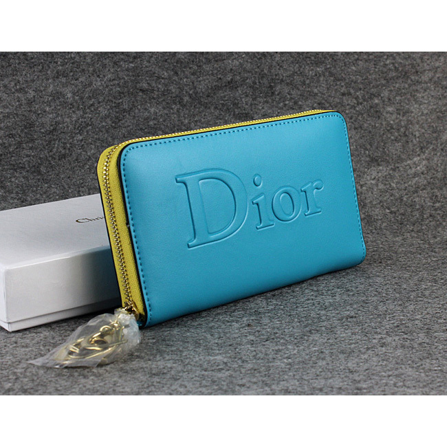 Dior Cowhide Leather Long Leather Wallet with Embossed 1098 Blue