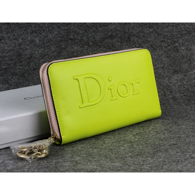 Dior Cowhide Leather Long Leather Wallet with Embossed 1098 Lemon