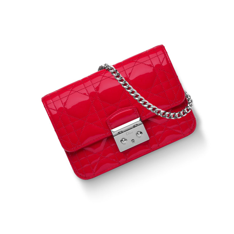 Dior Mini Promenade pouch in patent iridescent red calfskin