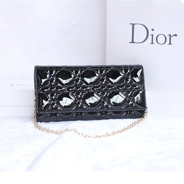 Dior Patent Leather Long Leather Wallet with chain 1078 Black