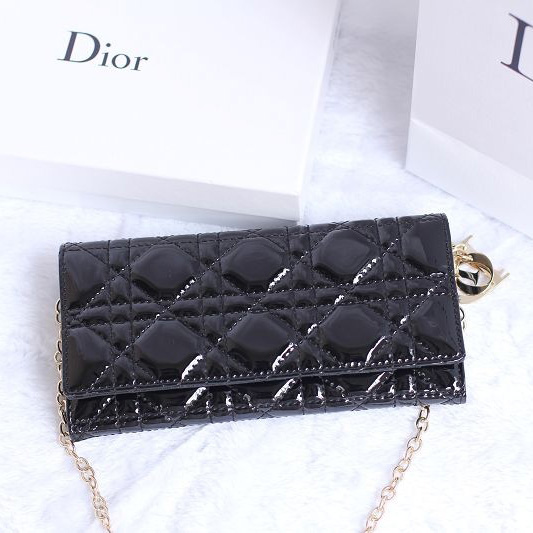 Dior Patent Leather Long Leather Wallet with chain 1078 Black