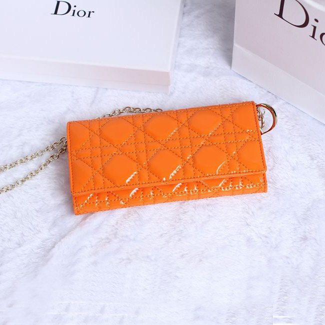 Dior Patent Leather Long Leather Wallet with chain 1078 Orange