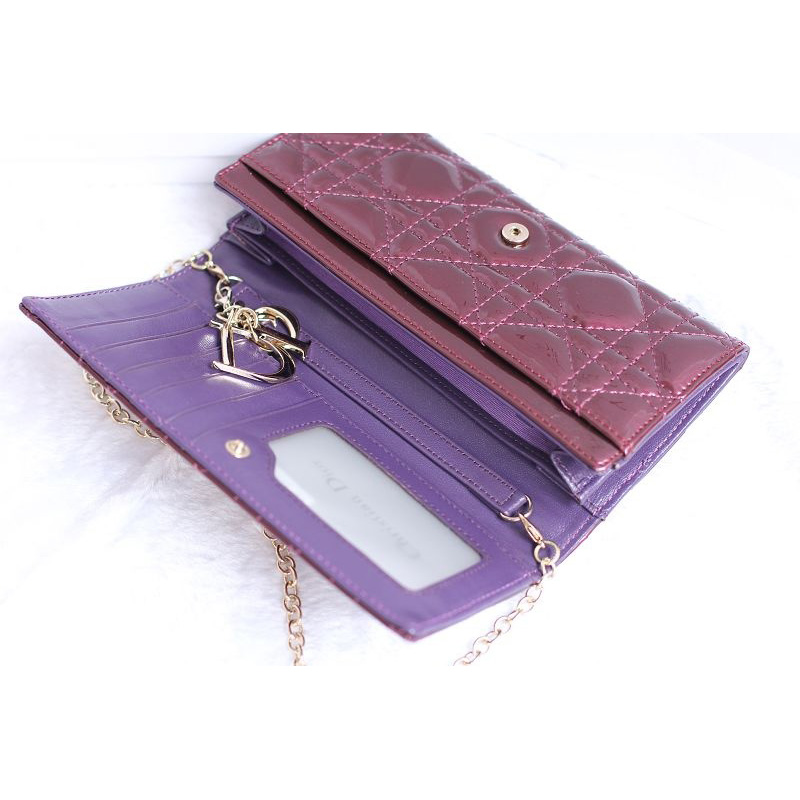 Dior Patent Leather Long Leather Wallet with chain 1078 Purple