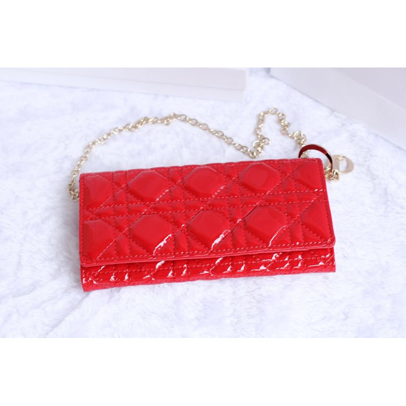 Dior Patent Leather Long Leather Wallet with chain 1078 Red