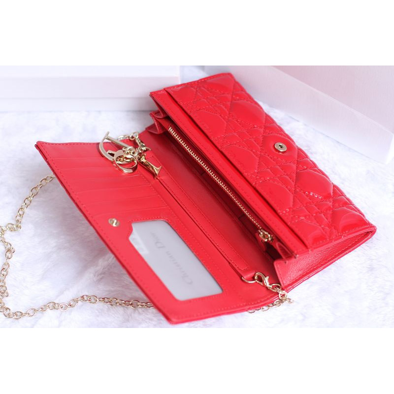 Dior Patent Leather Long Leather Wallet with chain 1078 Red