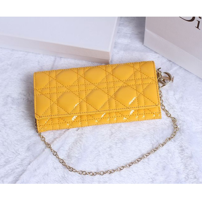 Dior Patent Leather Long Leather Wallet with chain 1078 Yellow