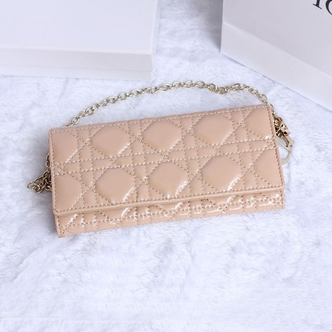 Dior Sheepskin Leather Long Leather Wallet with chain 1078 Apricot