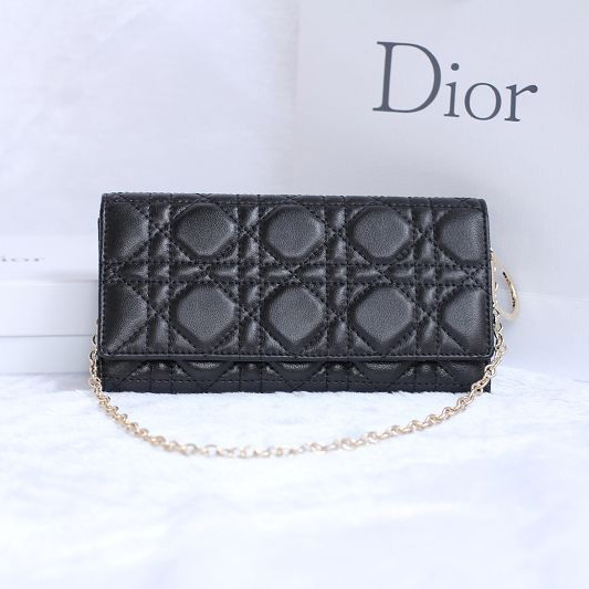 Dior Sheepskin Leather Long Leather Wallet with chain 1078 Black